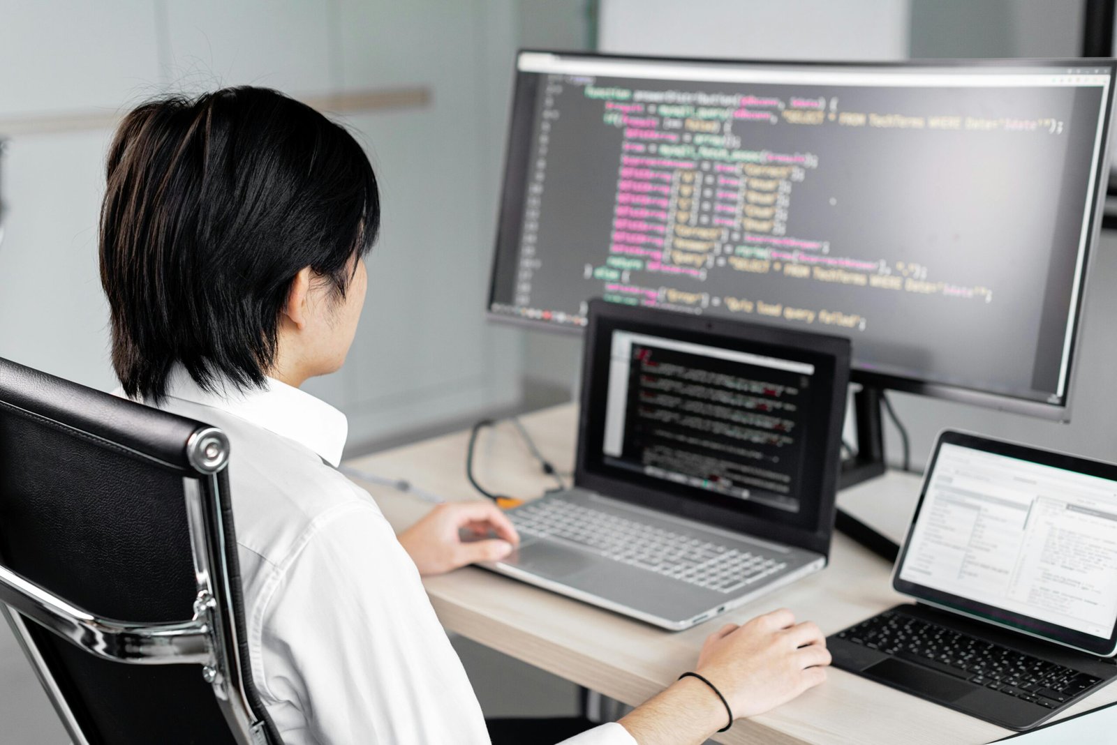 A software developer working on code with multiple screens in a modern office setting.